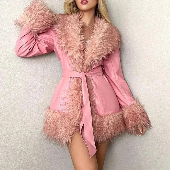 Jackets & Blazers - Watermelon Pink Party Women's Unicorn Faux Leather Faux Fur Lined Coat